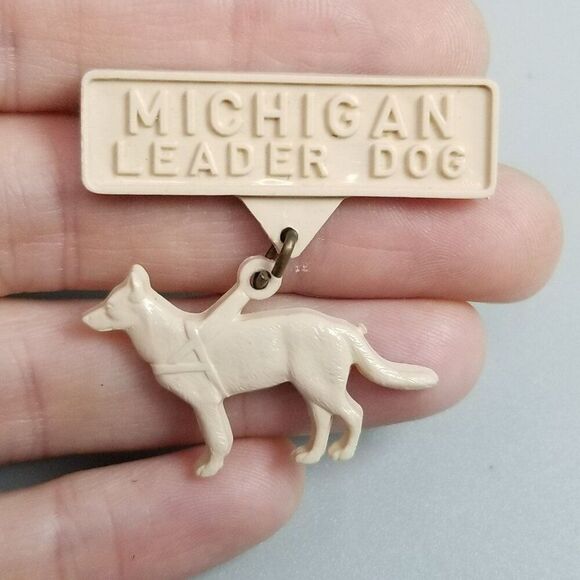 Vintage Michigan Leader Dog for Blind Service Pin Cream Plastic Brooch, Estate - Picture 6 of 6